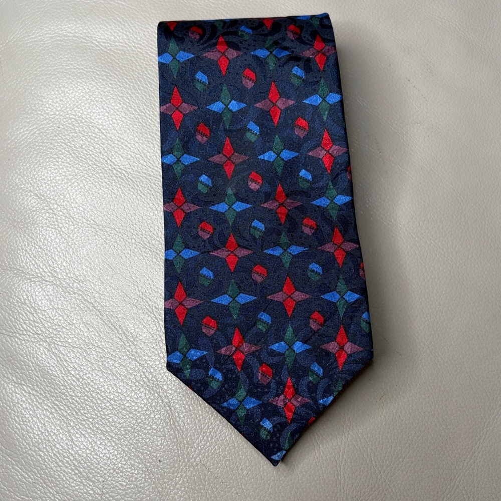 Dior Men's Silk Tie Red & Blue Geometric Star Pattern
